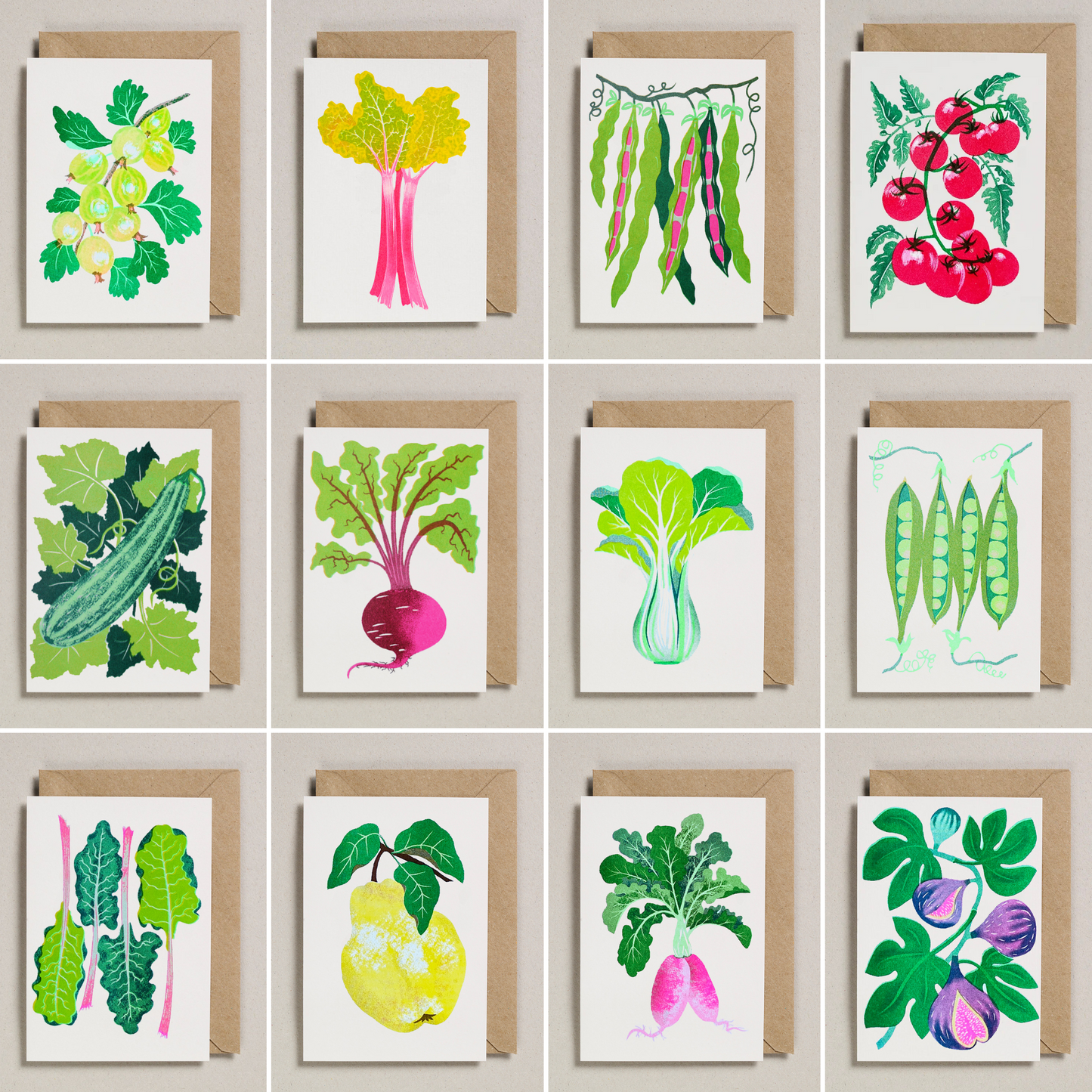 Set Of 12 Fruit And Veg Riso Print Greeting Cards