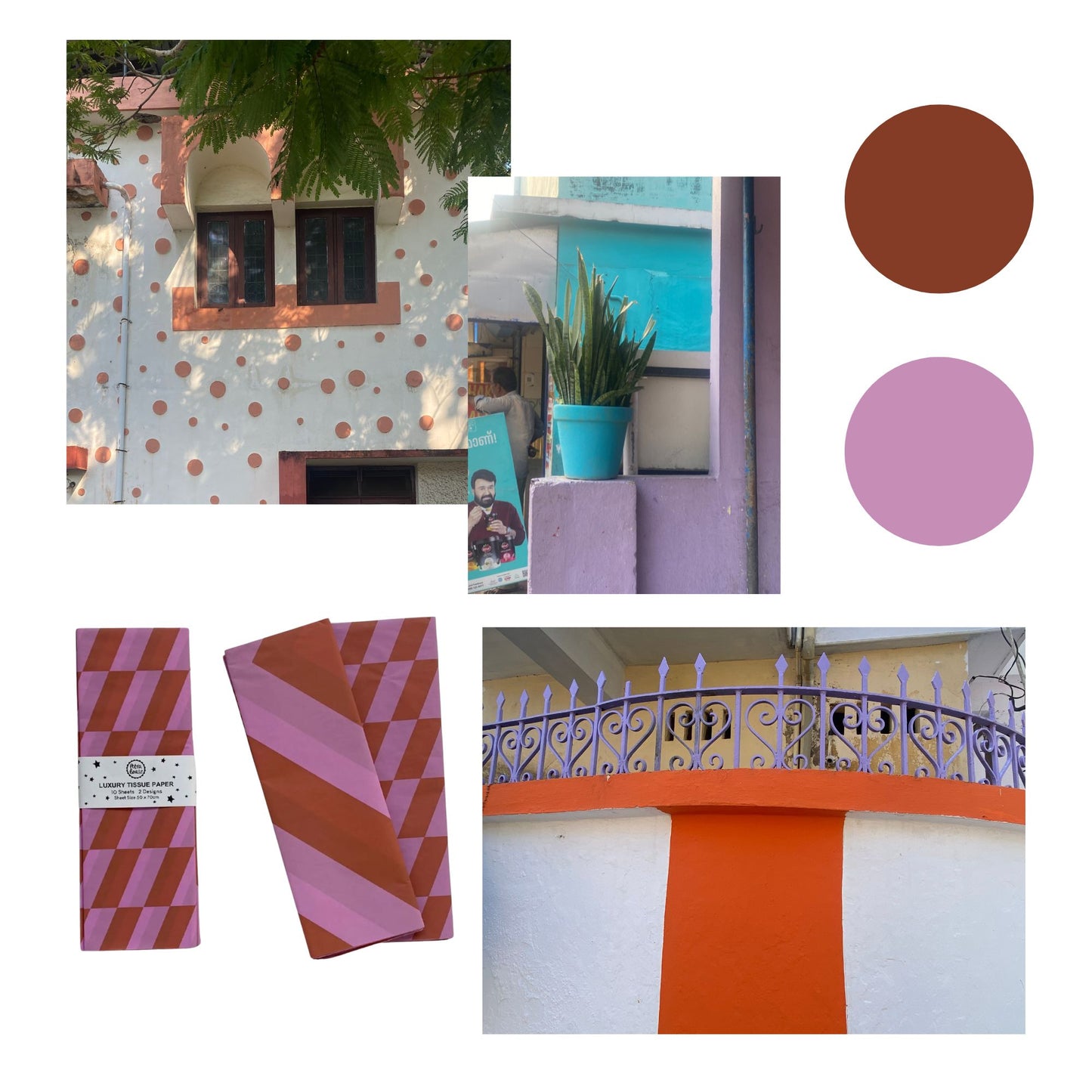 Rust and lilac tissue paper design mood board inspired by Fort Cochin.