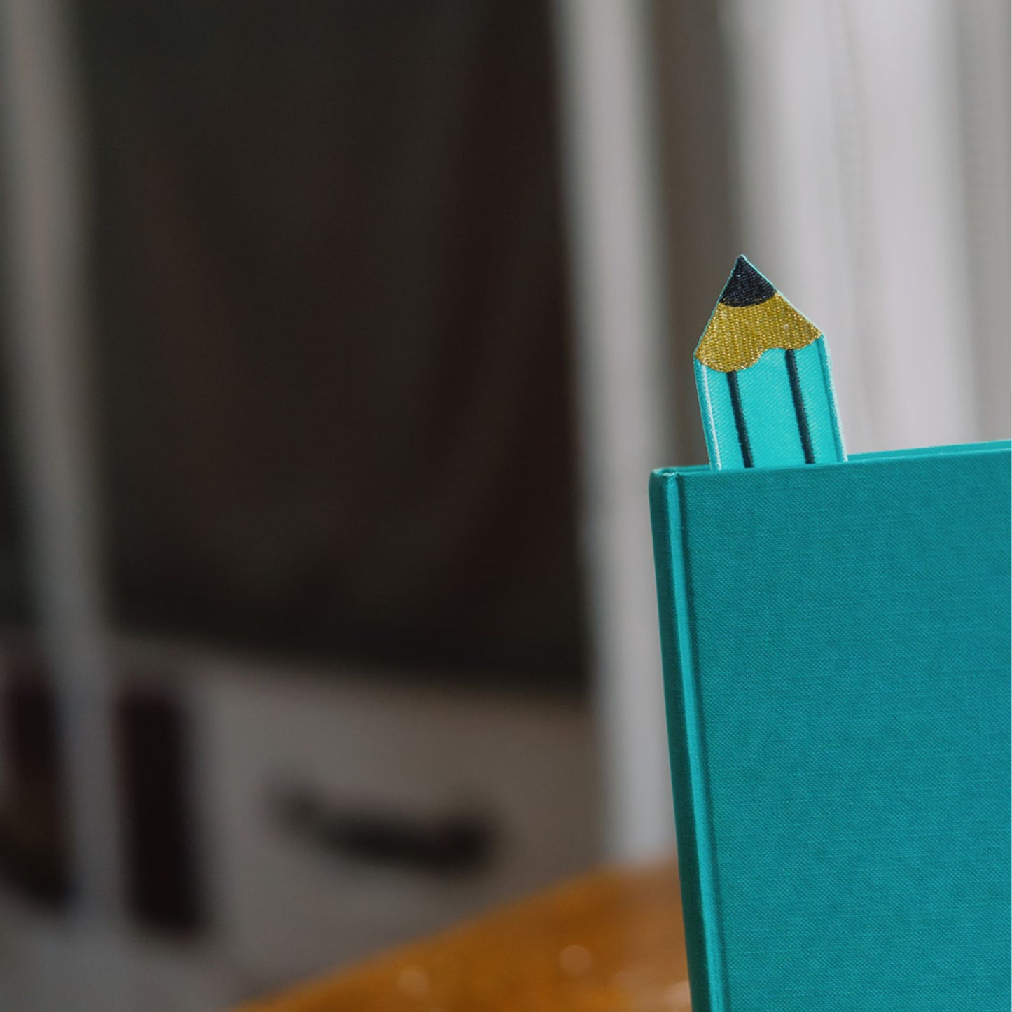 Aqua Pencil Embroidered Fabric Bookmark