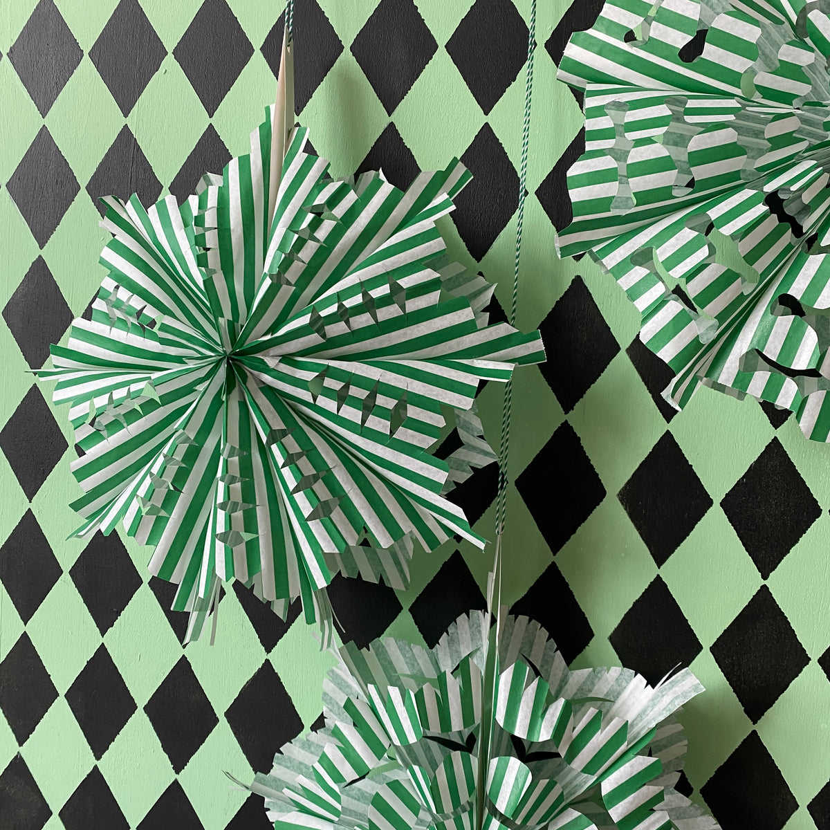 Green and White Stripe Paper Bag Fan DIY kitSet of 3 Petra Boase Ltd