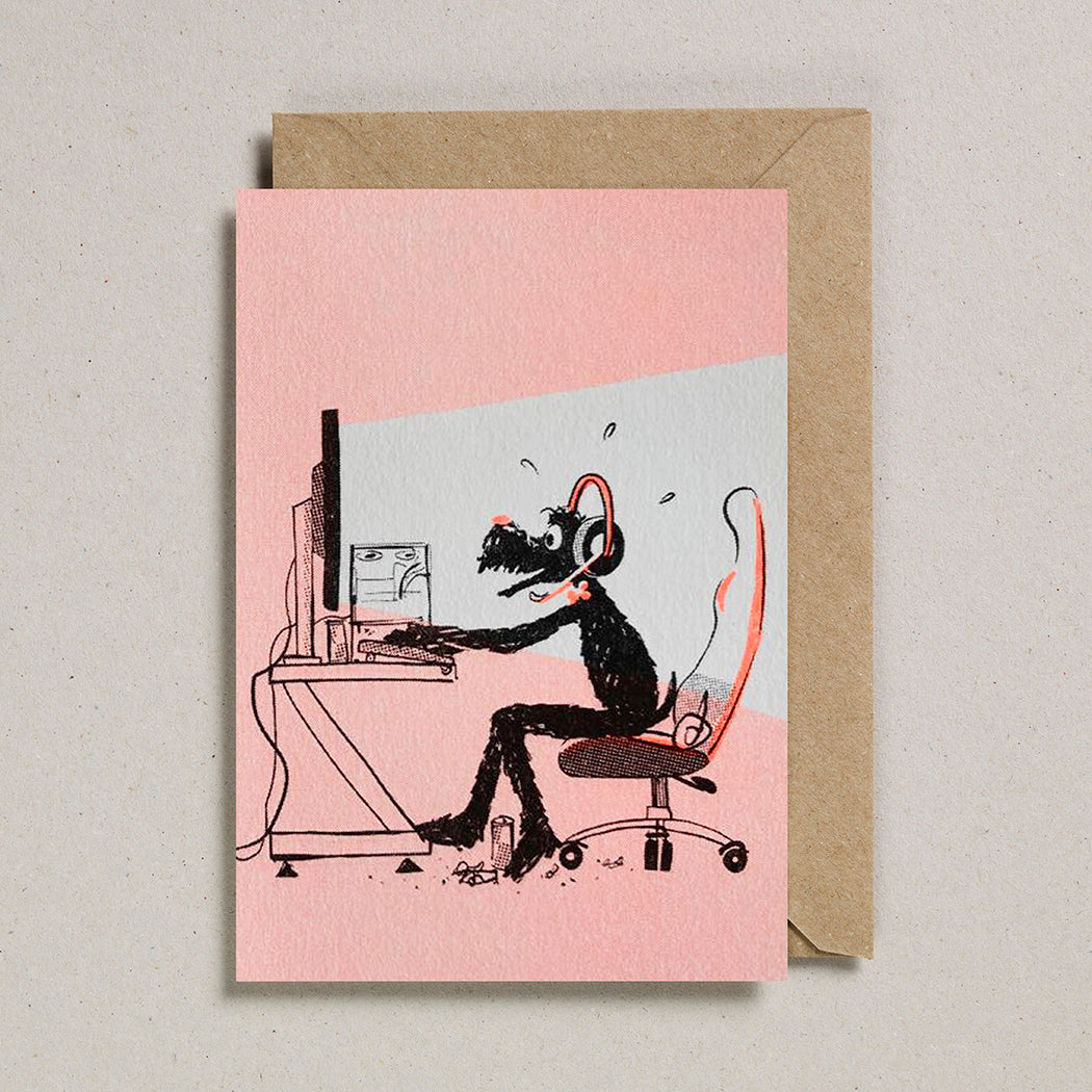 Gamer dog riso print greeting card by Rusty Studio