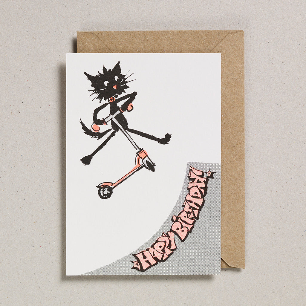 Rusty Studio Scooter Cat Riso Print Greeting Card