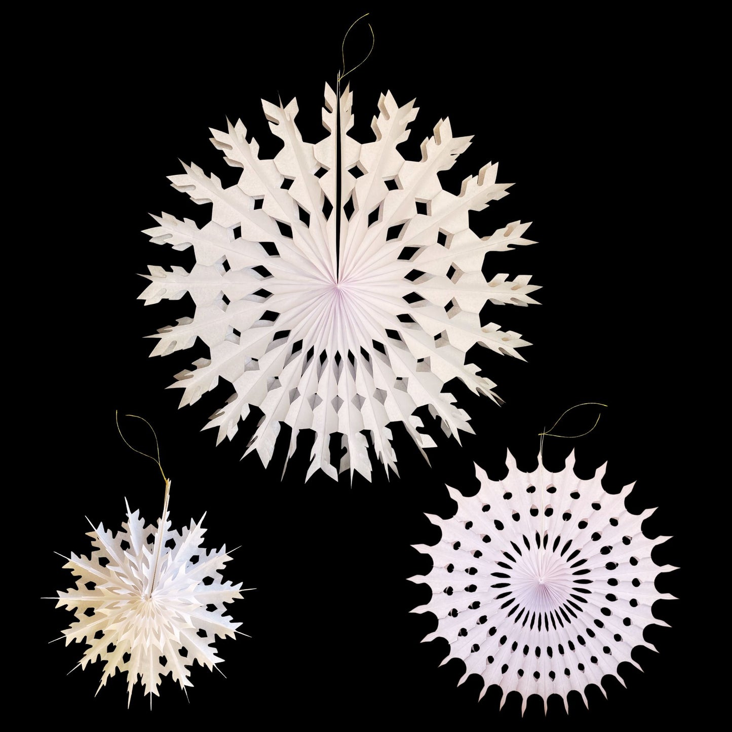 White Tissue Paper Snowflake Hanging Decorations - Set of Three.