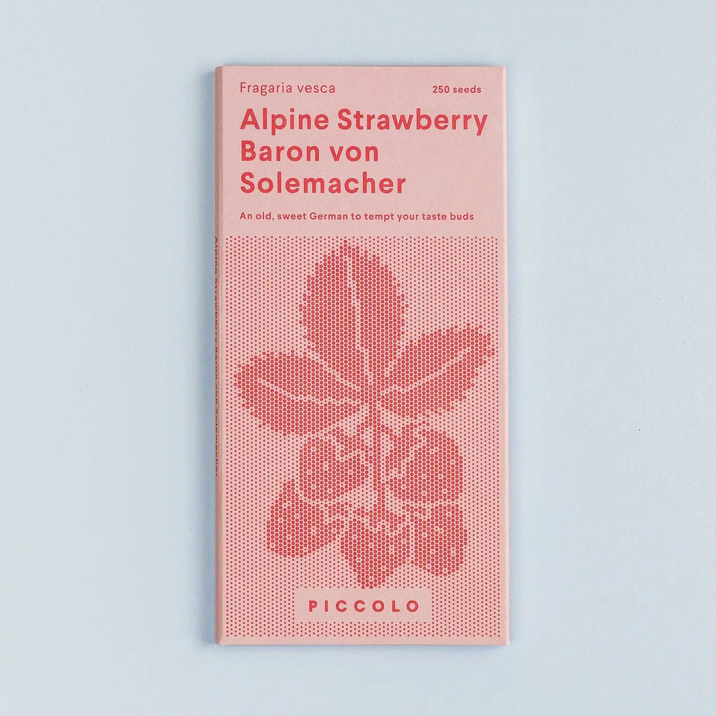 Seeds packet for Alpine Strawberry Baron von Solemacher on a light blue background