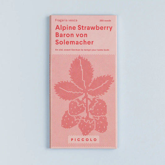 Seeds packet for Alpine Strawberry Baron von Solemacher on a light blue background