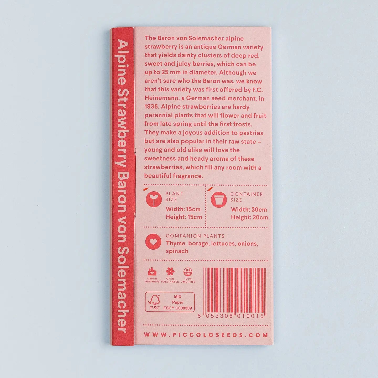 Seed packet for Alpine Strawberry Baron von Solemacher on a light blue background