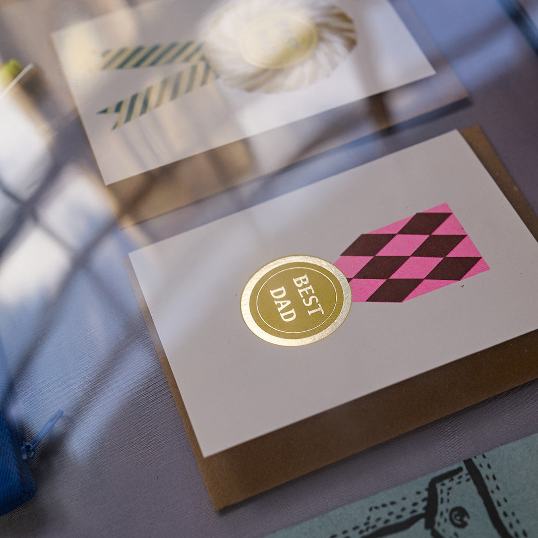 Best Dad Medal Risograph Printed greeting card in vintage cabinet