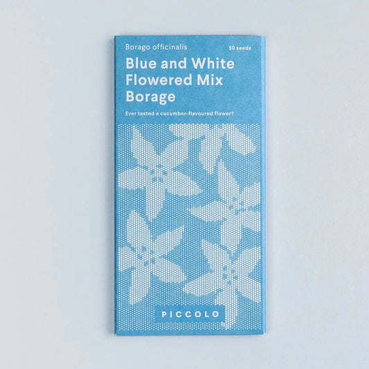 Blue package of Borago officinalis seeds with white floral design on a light blue background