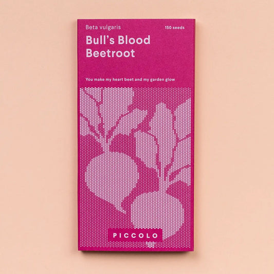 Pink seed packet for 'Bull's Blood Beetroot' with white text and design on a beige background