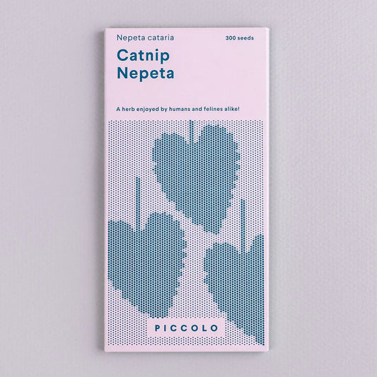 Seeds packet for Catnip Nepeta with blue leaf design on a light gray background
