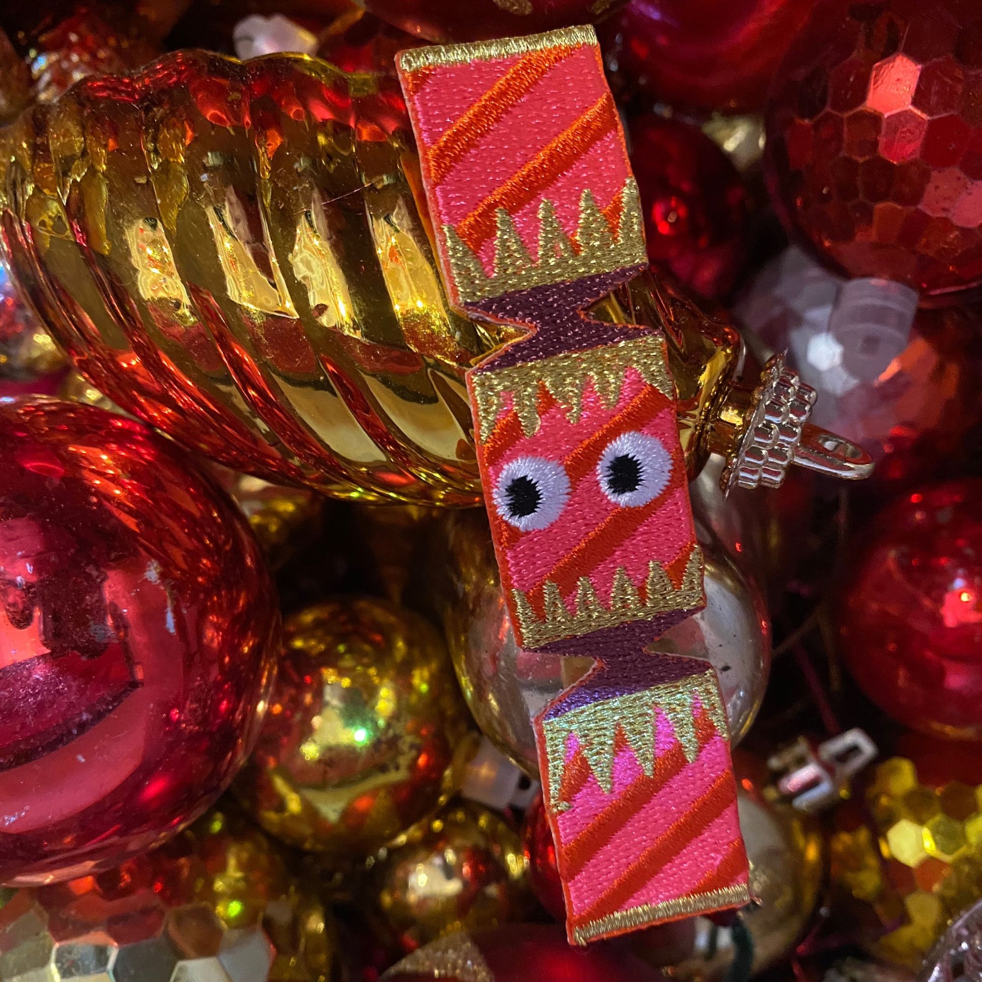 Close up of Christmas Cracker Iron On Patch 