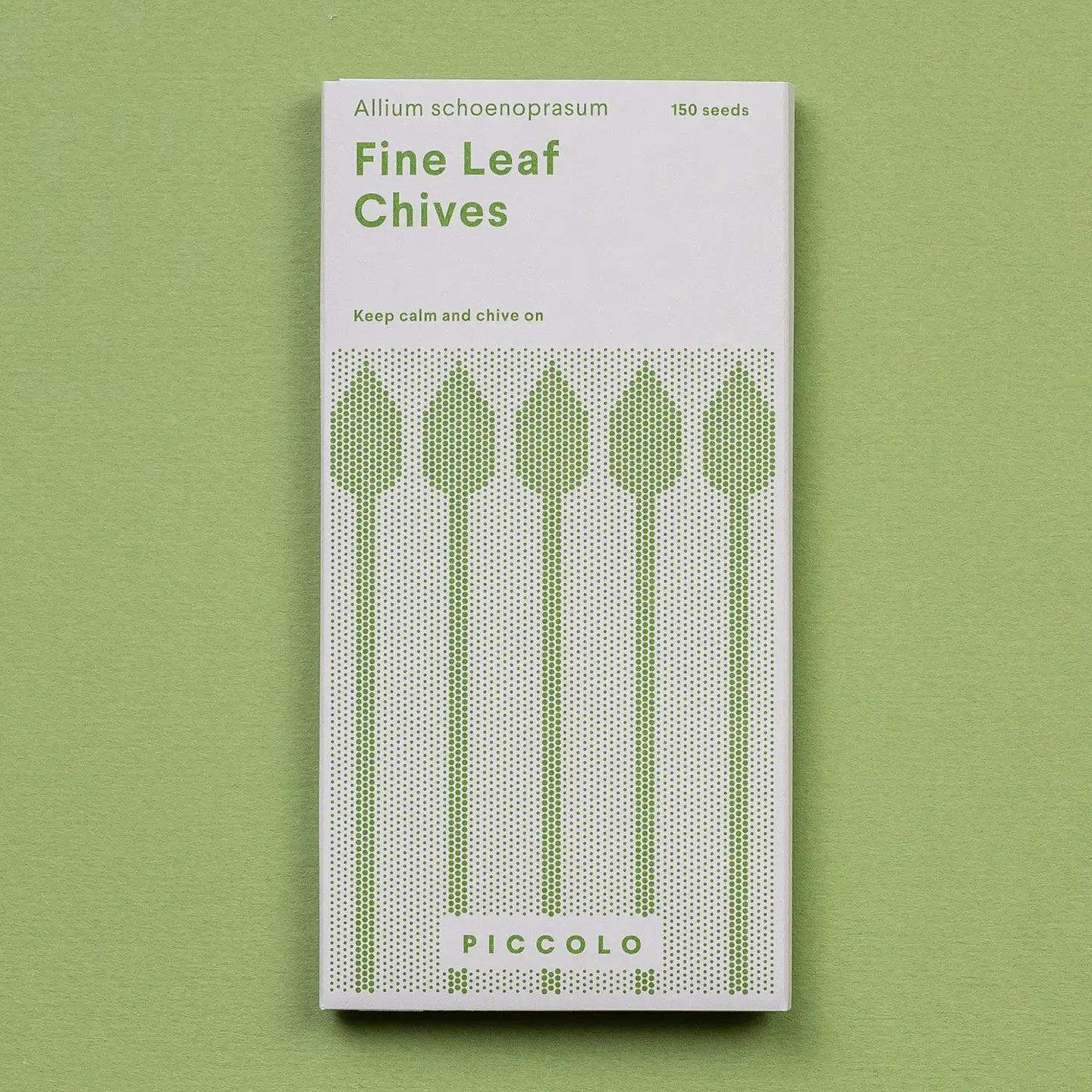 A package of Piccolo Fine Leaf Chive seeds with a green background, featuring the product name and an illustration of chive leaves.