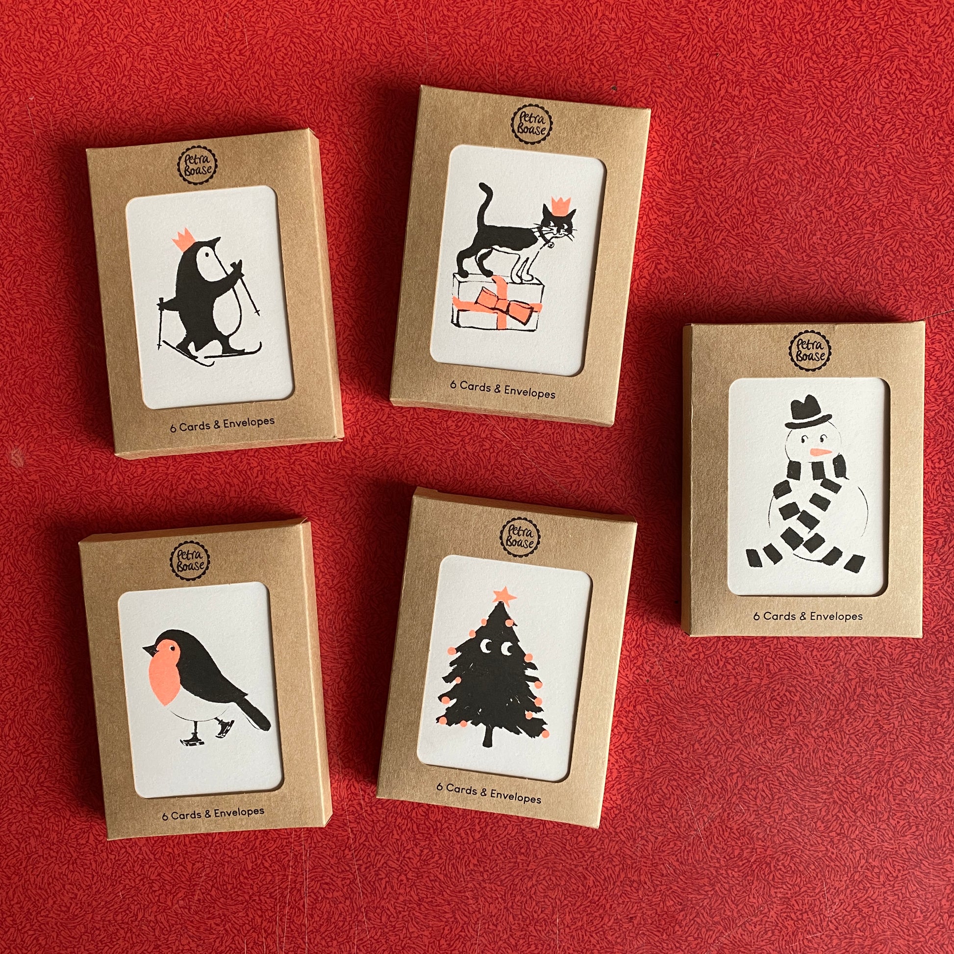 Five sets of mini riso printed Christmas cards in card boxes | Petra Boase