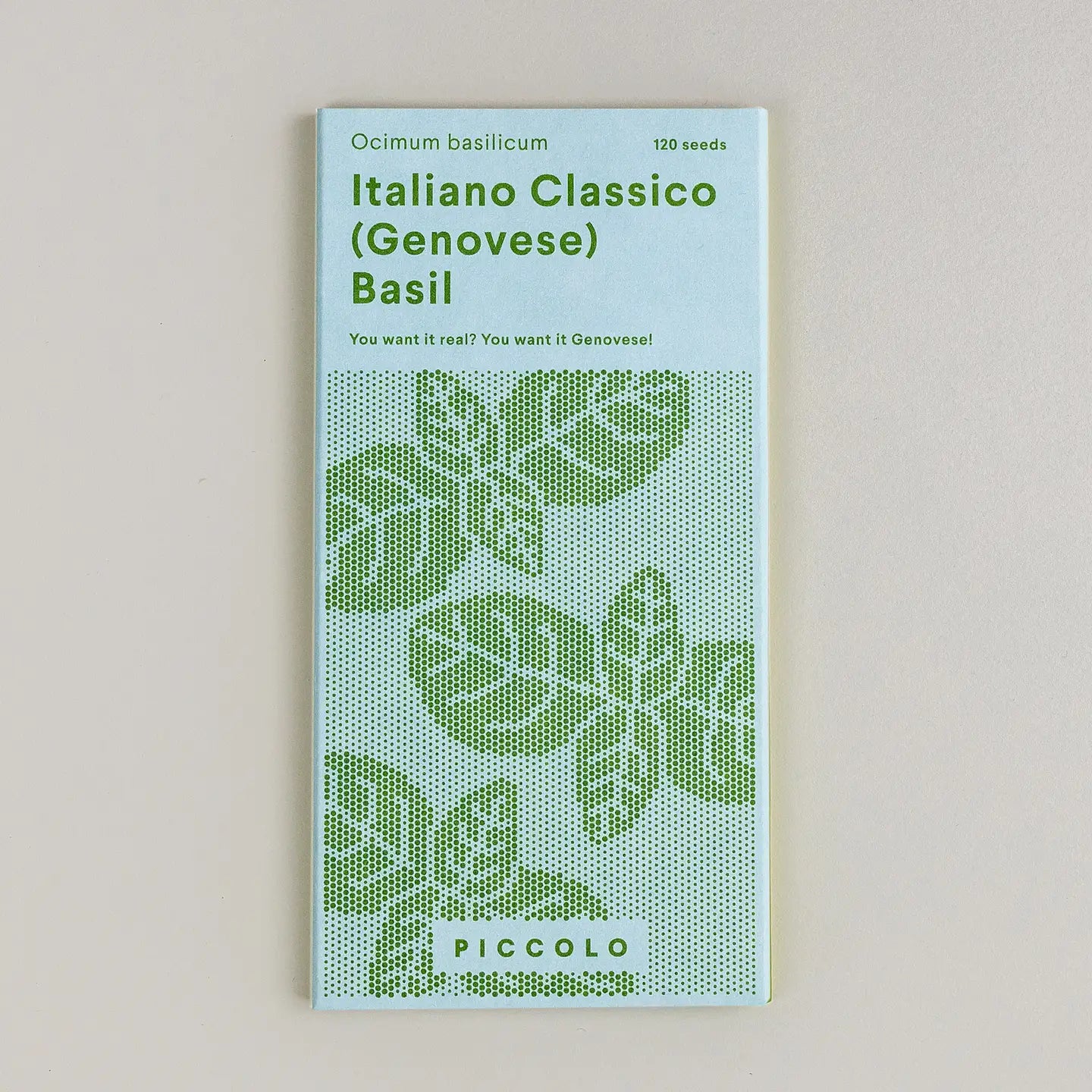 Seed packet for Italiano Classico (Genovese) Basil on a light gray background