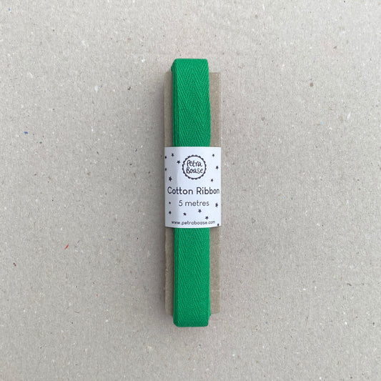 Green Cotton Herringbone Ribbon, 5 Metre Length