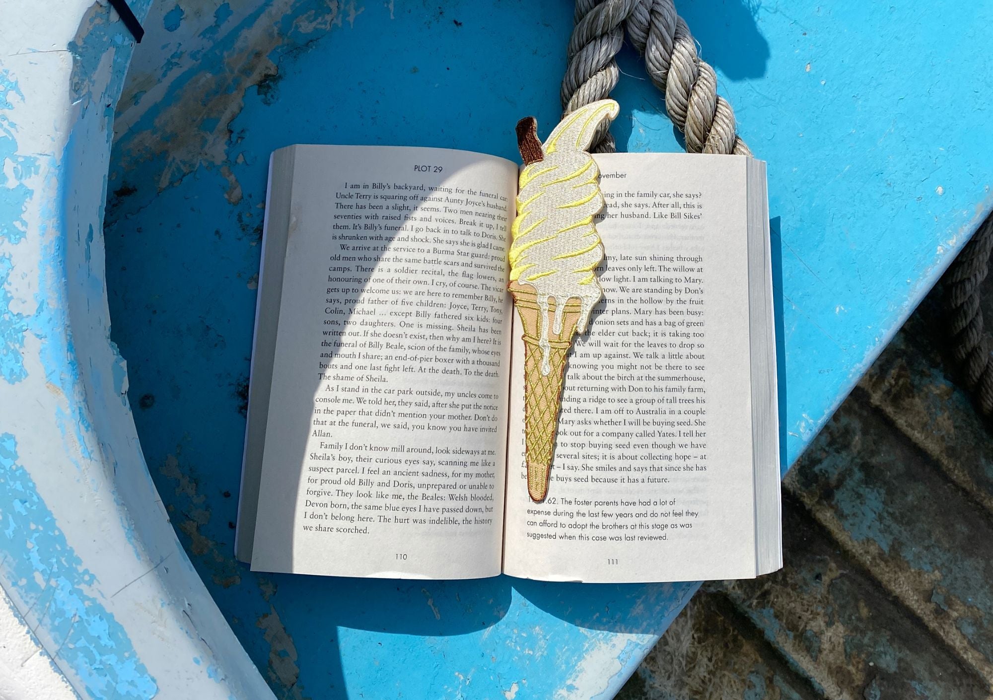 Ice Cream embroidered Bookmark on a blue boat