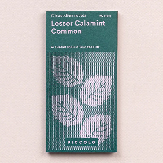 Packaging of Piccolo Lesser Calamint seeds with green background and illustrations of the plant's leaves.