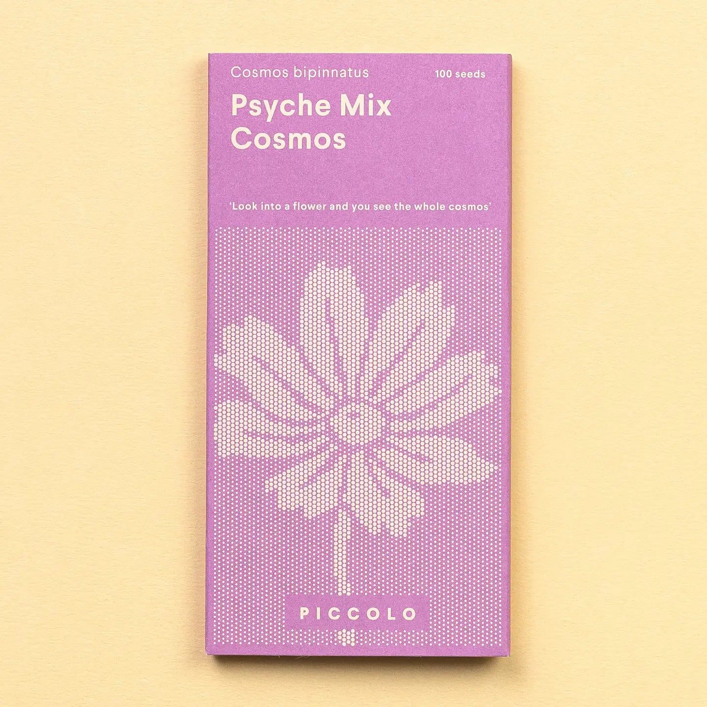 A packet of Piccolo mixed Cosmos seeds, with a purple background and an illustration of a flower on the front.