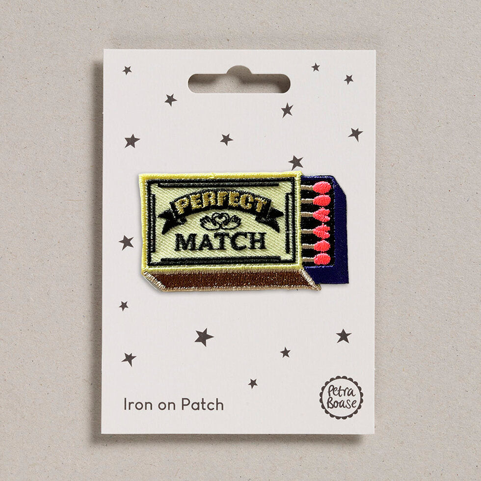 Perfect match retro matchbox iron on patch on a backing card.