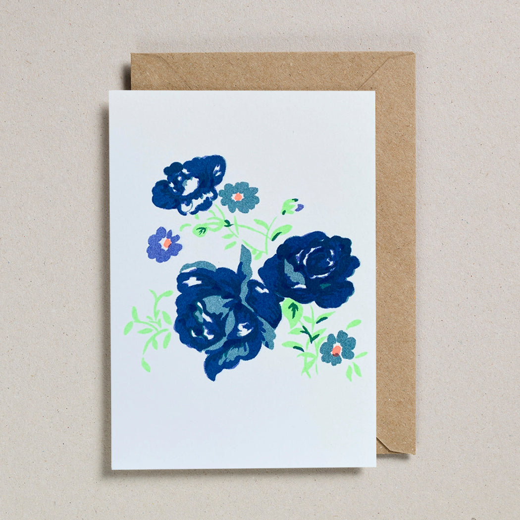 Blue floral print vintage inspired riso print greeting card
