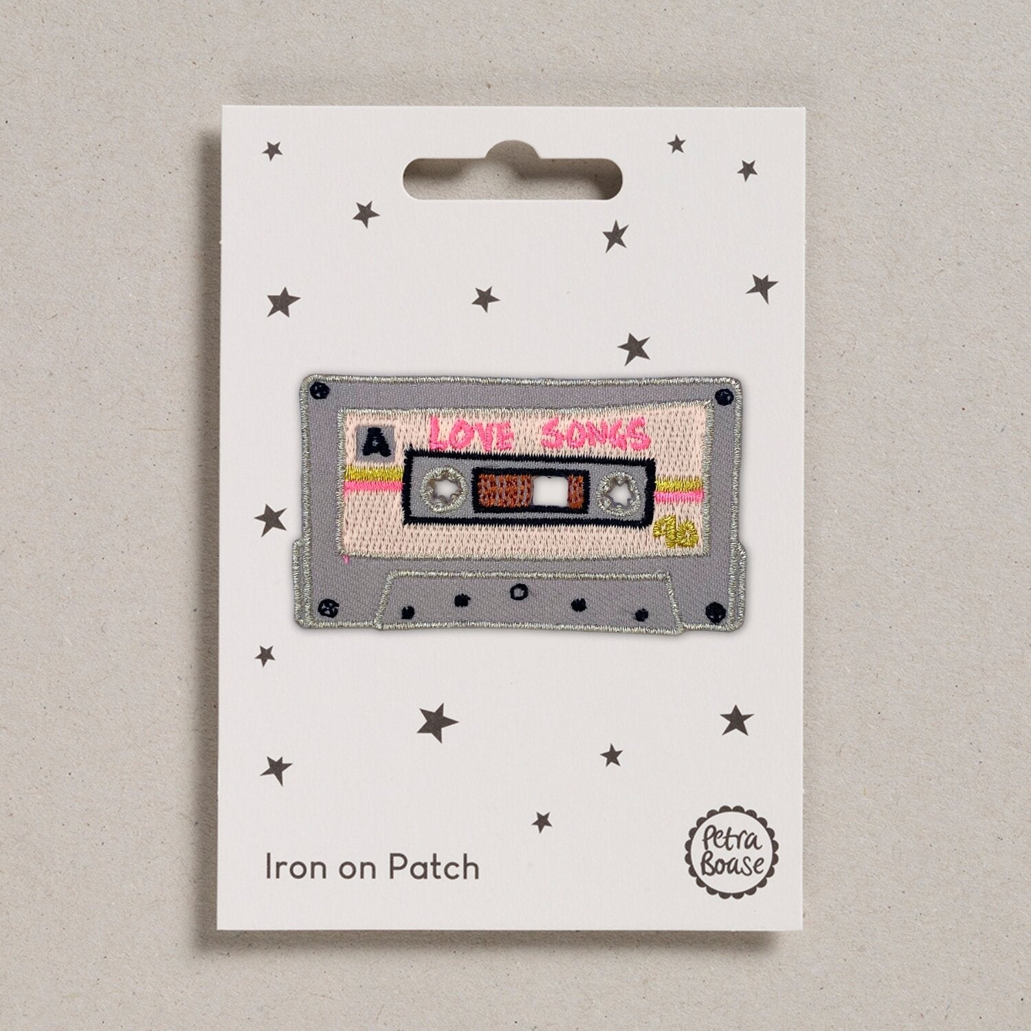 Retro cassette tape iron on fabric patch with love songs embroidered .