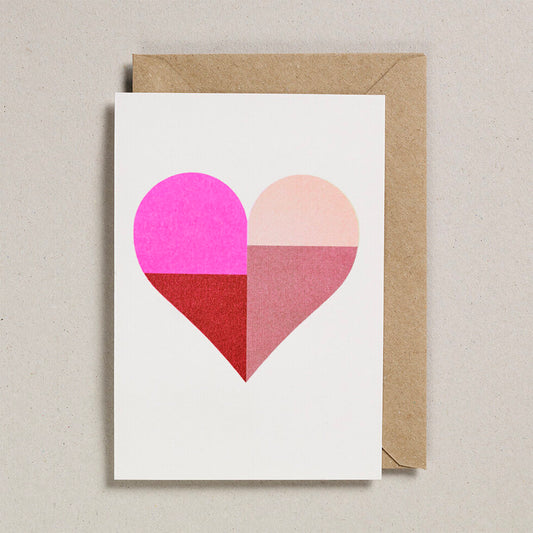 Risograph printed love heart greeting card  in flouro pink and peach