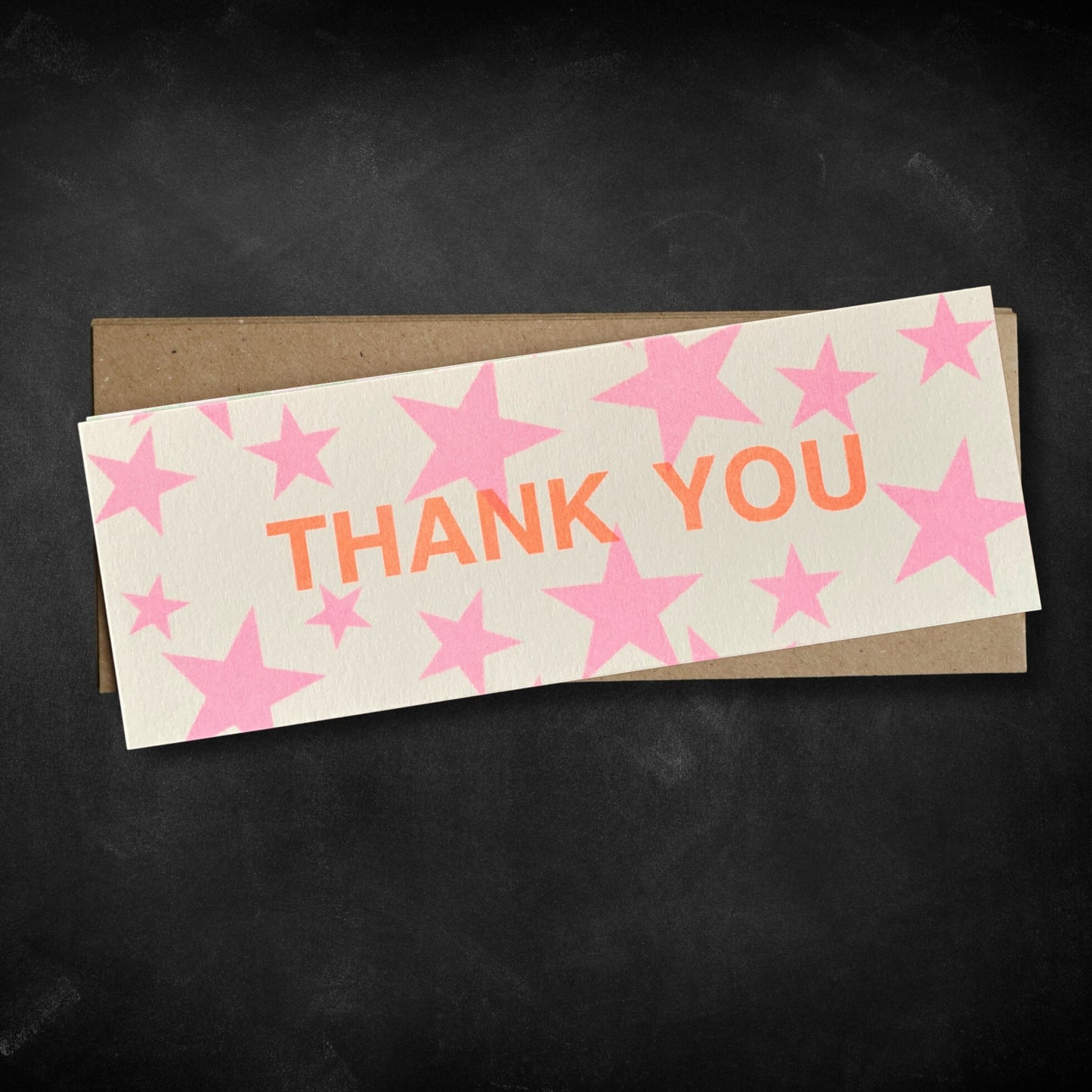 Pack of 12 Thank You Skinny Notecards- Riso Print Flouro Pink Star Design.