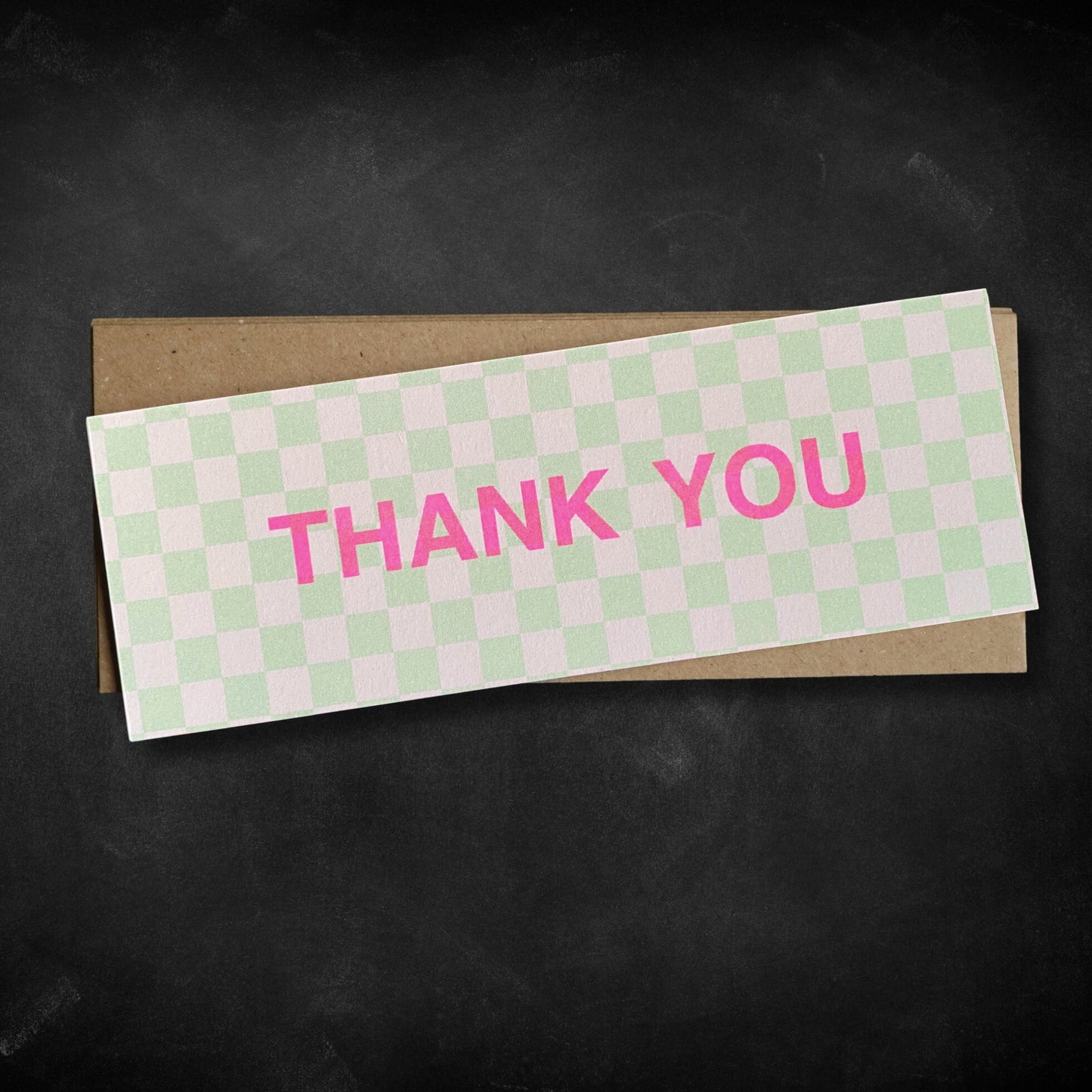 Pack of 12 Thank You Skinny Notecards- Riso Print  Flouro Green Chequer Pattern.