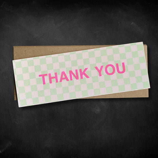 Pack of 12 Thank You Skinny Notecards- Riso Print  Flouro Green Chequer Pattern.
