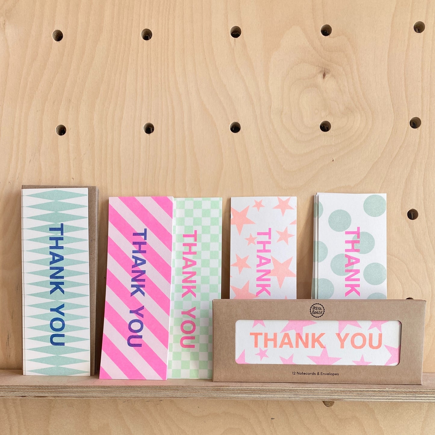 Pack of 12 Thank You Skinny Notecards- Riso Print  Green Spotty Design