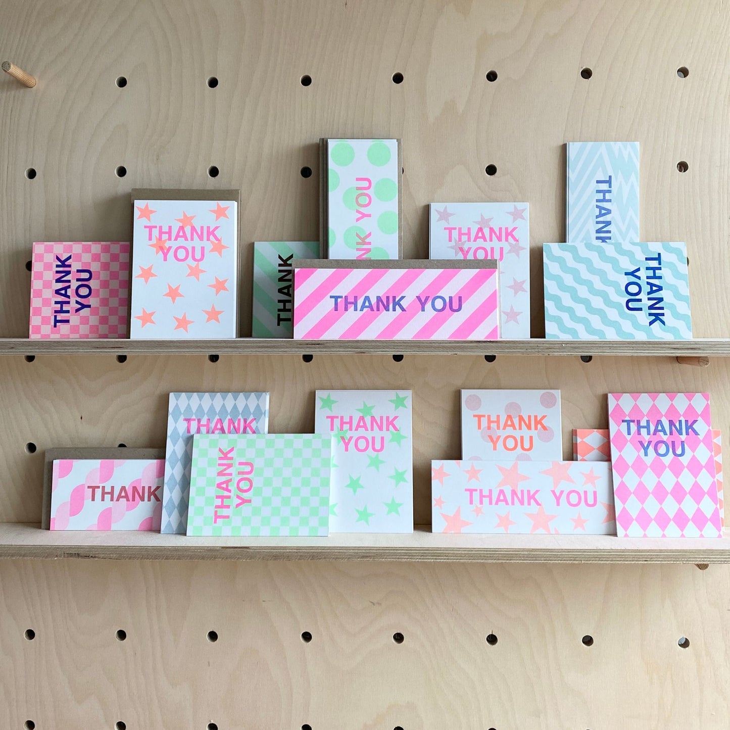 Pack of 12 Thank You Skinny Notecards- Riso Print  Green Spotty Design