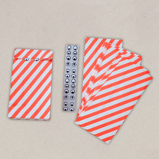 12 Stand Up Fluoro Orange Stripe Party Bags with Googly Eye Stickers