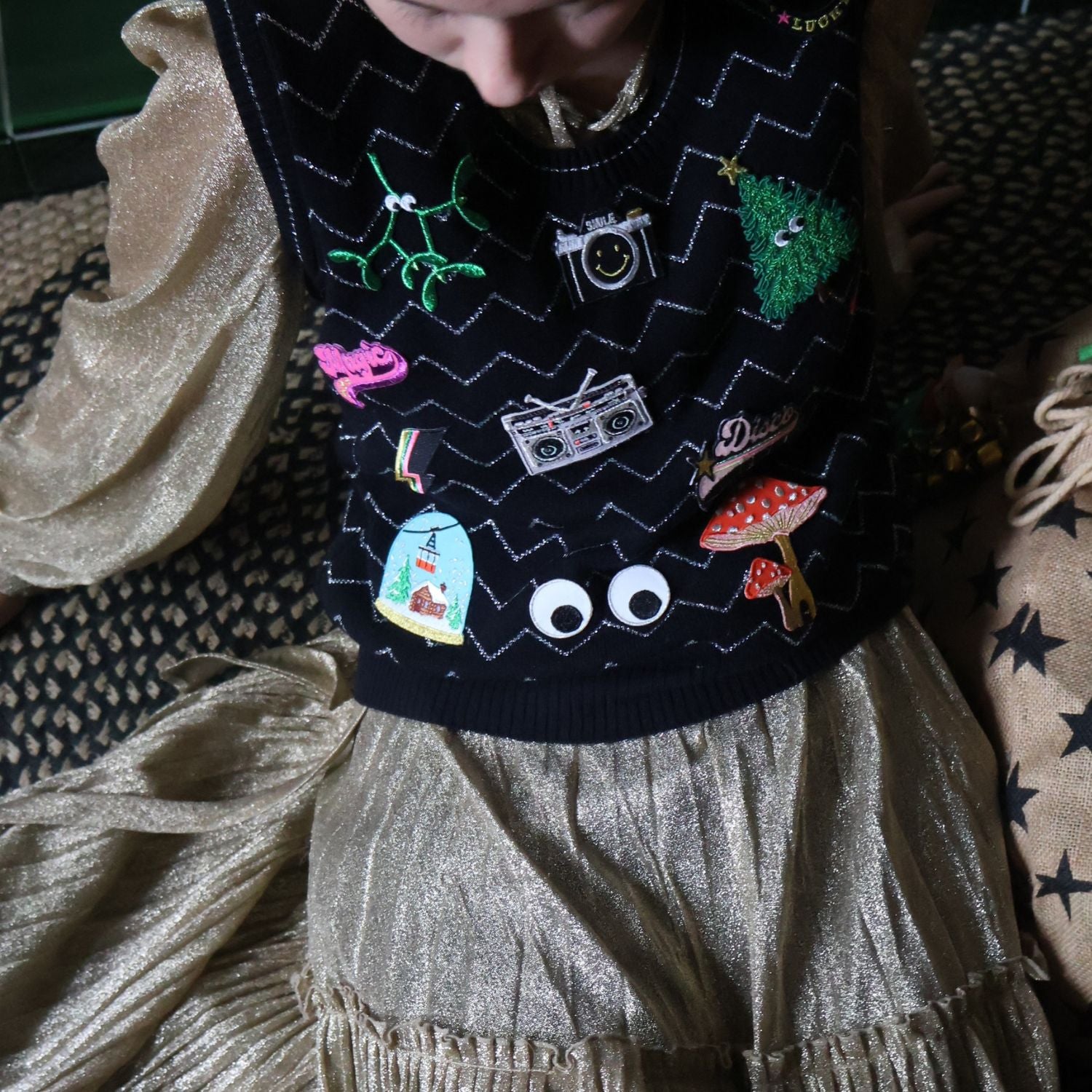 Sparkly tank top customised with Christmas Iron On Patches 