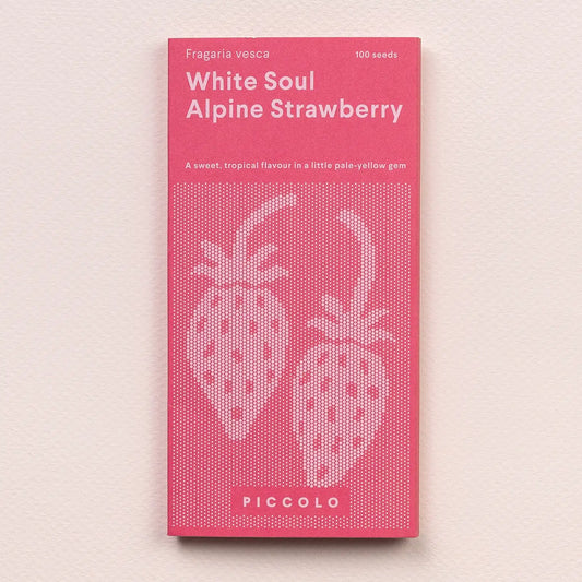 Pink seed packet for White Soul Alpine Strawberry on a beige background
