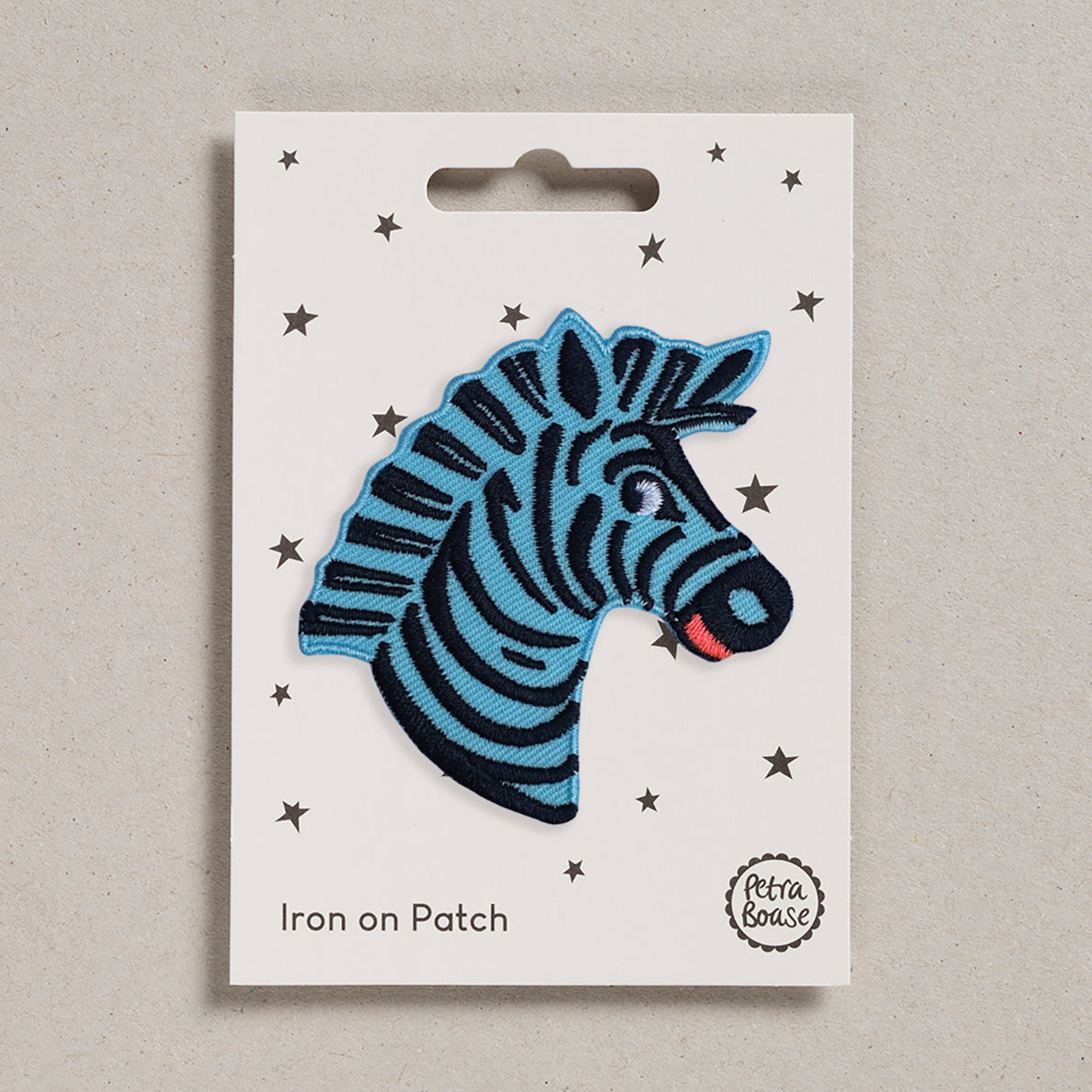 Zebra head iron on fabric patch in blue and black 