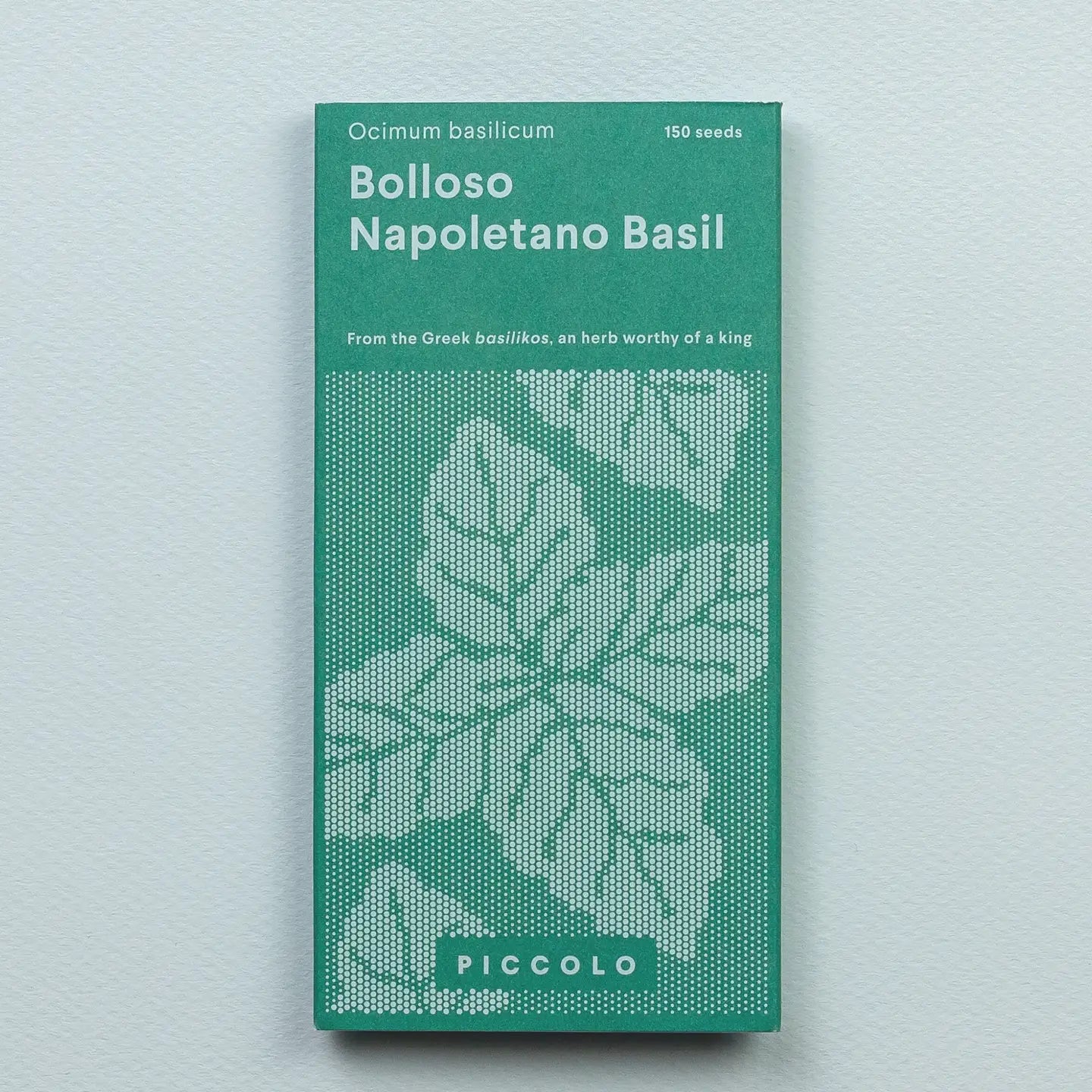 A package of 'Piccolo | Bolloso Napoltetano Basil Seeds' with an image of green basil leaves on a teal background.