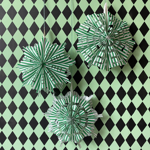 Green and White Stripe Paper Bag Fan DIY kit-Set of 3