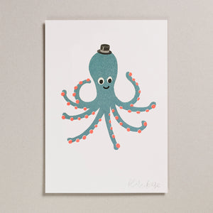 Risograph Print (A4) - Teal Octopus
