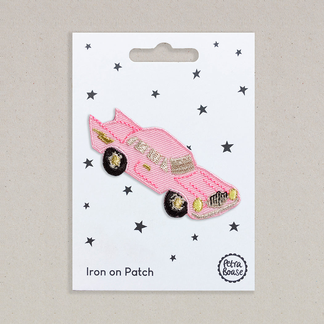 Pink Cadillac embroidered fabric iron on patch.