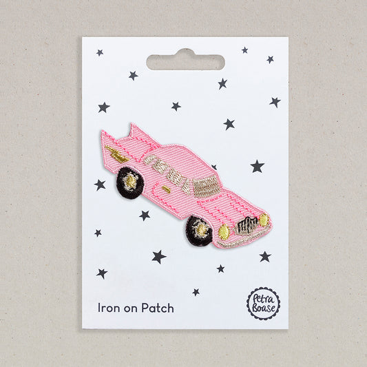 Pink Cadillac embroidered fabric iron on patch.