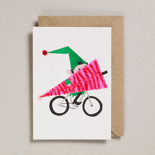 Petra Boase | Festive Elf On a Bike With A Christmas Tree Christmas Card