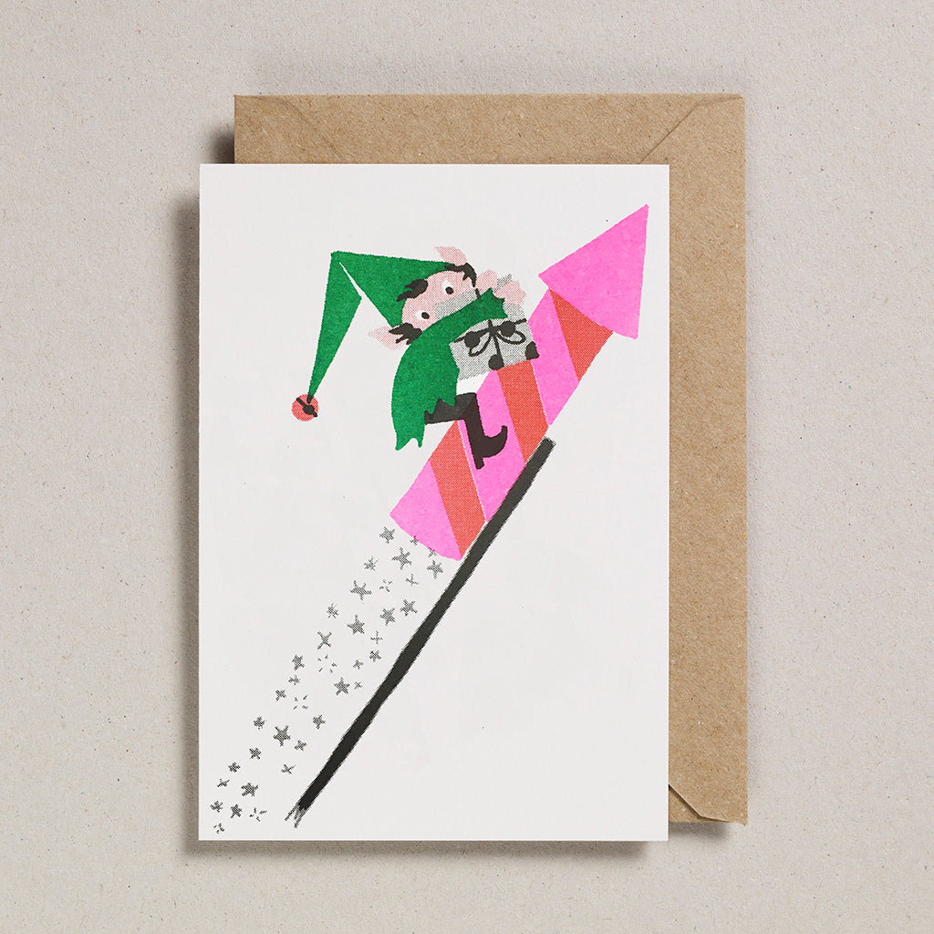 Petra Boase | Festive Elf Rocket Firework Eco Printed Christmas Card
