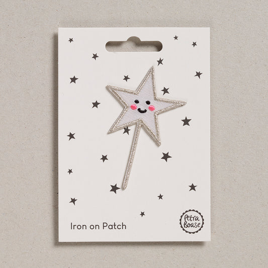 Cute star wand iron on patch with cute embroidered face.