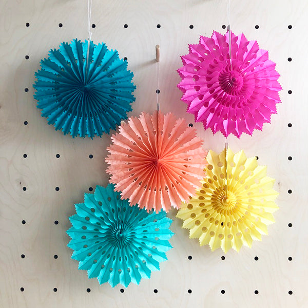 Set of 5 Colourful Fans: Peach, pink, teal, turquoise and yellow